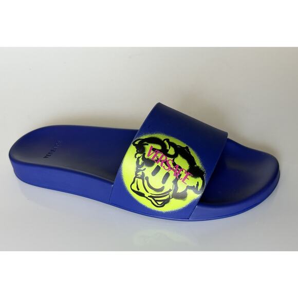 Versace Smiley Medusa Slides Sandals Blue/Lime 11 US (44 Eu) DSU6516 IT NIB $450 - Picture 1 of 13